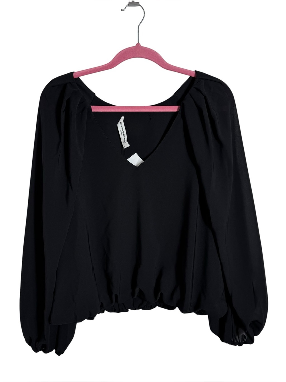 Amanda Uprichard Black Chiffon Puff Sleeve Blouse Elastic Hem Size M